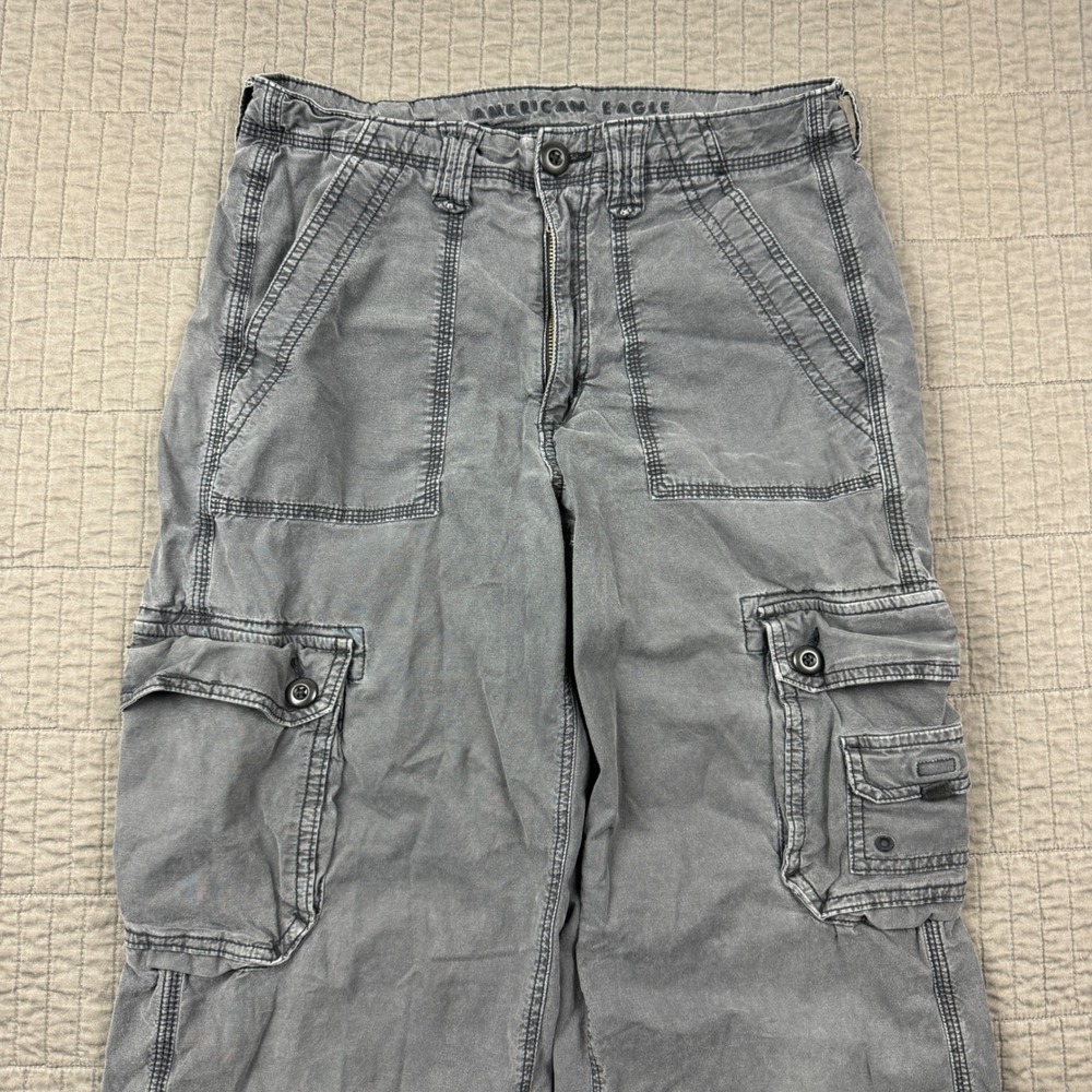 American Eagle Women 6 Regular Gray Cargo Pants Wide Leg Stretch Distressed - Picture 2 of 13